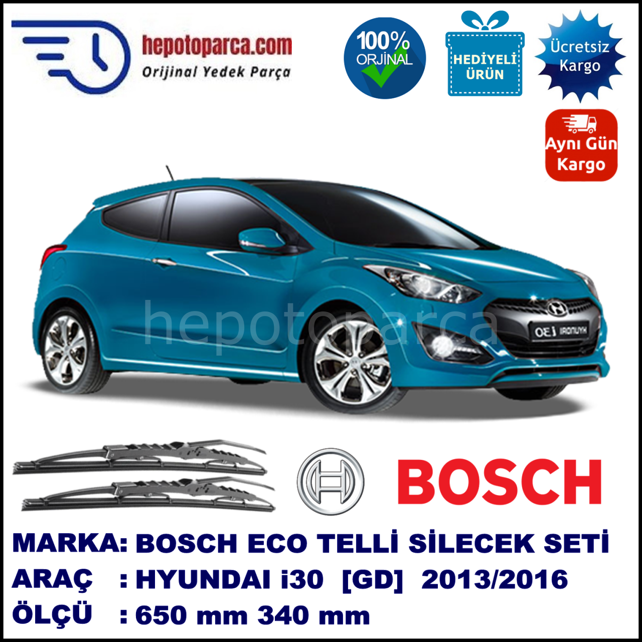 HYUNDAI i30 Coupé [GD] 02.13-... 650 / 340 mm. BOSCH ECO Telli Silecek 2'li Takım