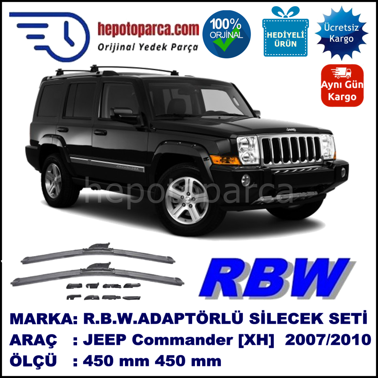 JEEP Commander [XH] 01.2006-..., 450 / 450 mm.  RBW  ADAPTÖRLÜ MUZ SİLECEK SETİ