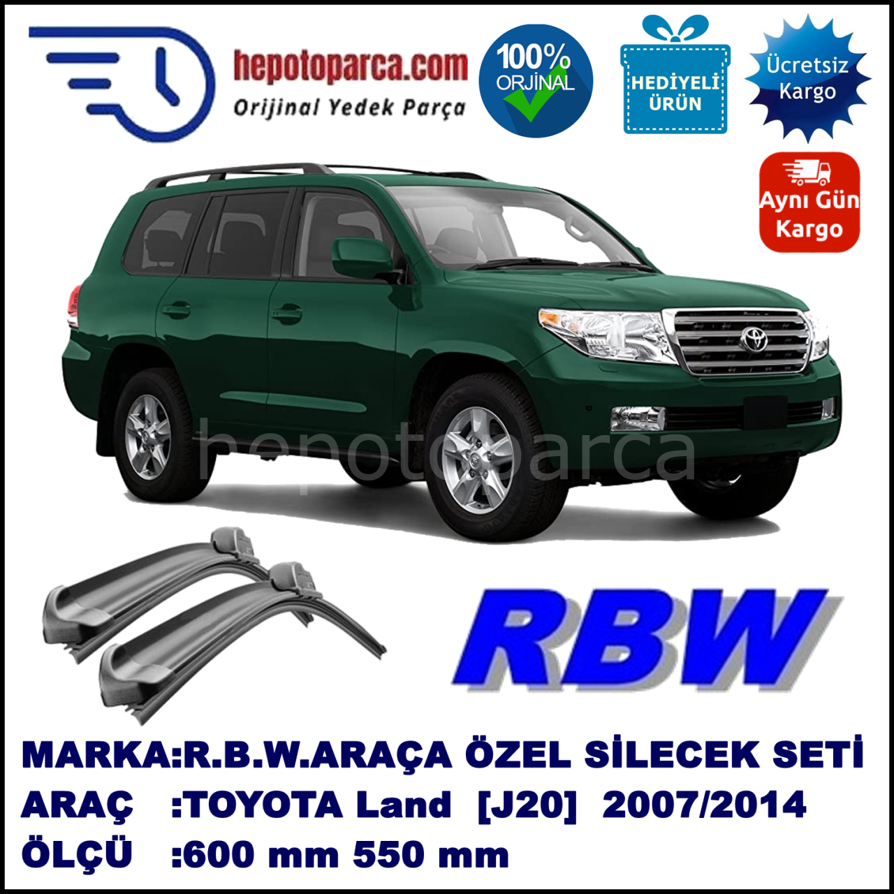 TOYOTA Land Cruiser [J20] 09.07-... 600 / 550 mm. RBW Muz Silecek Seti  2'li Takım. U Kanca Uyumludur.