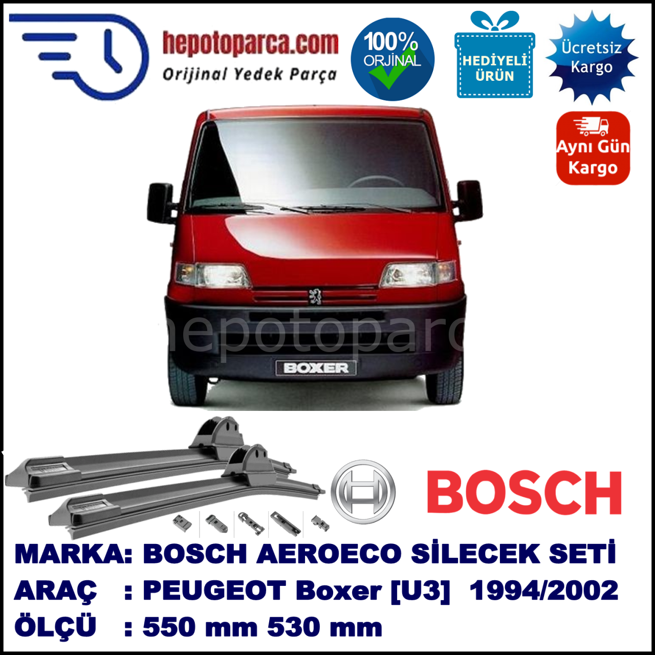 PEUGEOT Boxer [U3] 02.1994-02.2002, 550 / 530 mm. BOSCH AEROECO Aparatlı Muz Silecek