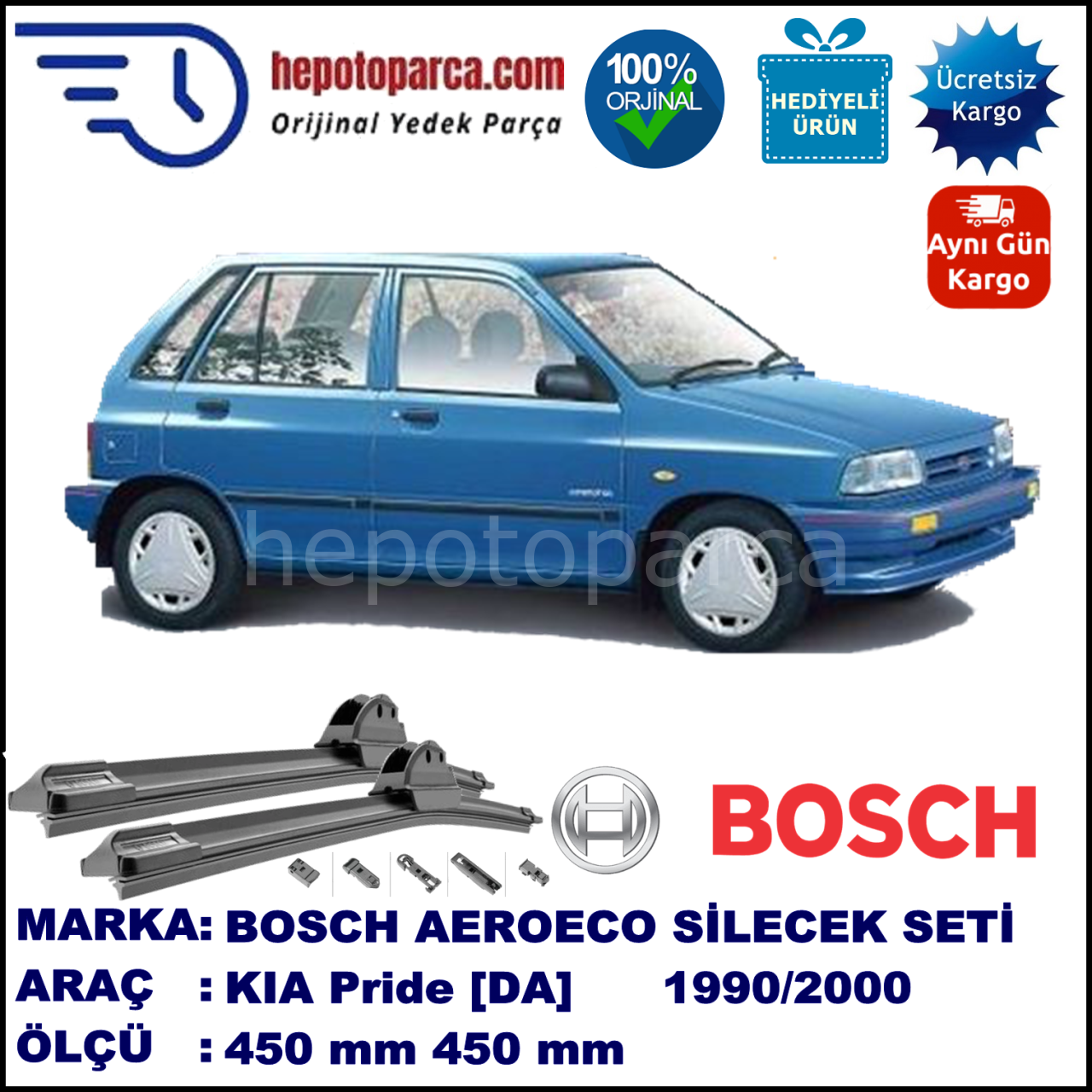 KIA Pride [DA] 05.1990-02.2000, 450 / 450 mm. BOSCH AEROECO Aparatlı Muz Silecek
