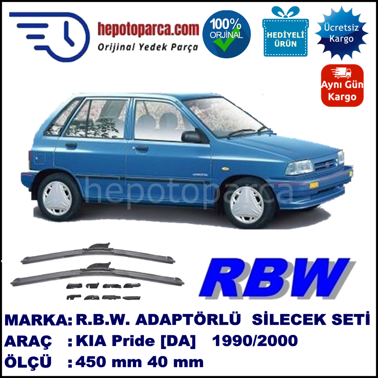 KIA Pride [DA] 05.1990-02.2000, 450 / 450 mm.  RBW  ADAPTÖRLÜ MUZ SİLECEK SETİ