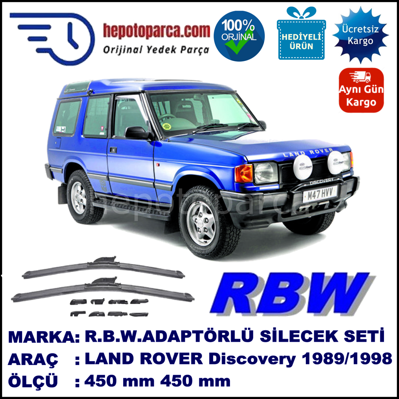 LAND ROVER  Discovery I  09.1989-12.1998, 450 / 450 mm.  RBW  ADAPTÖRLÜ MUZ SİLECEK SETİ
