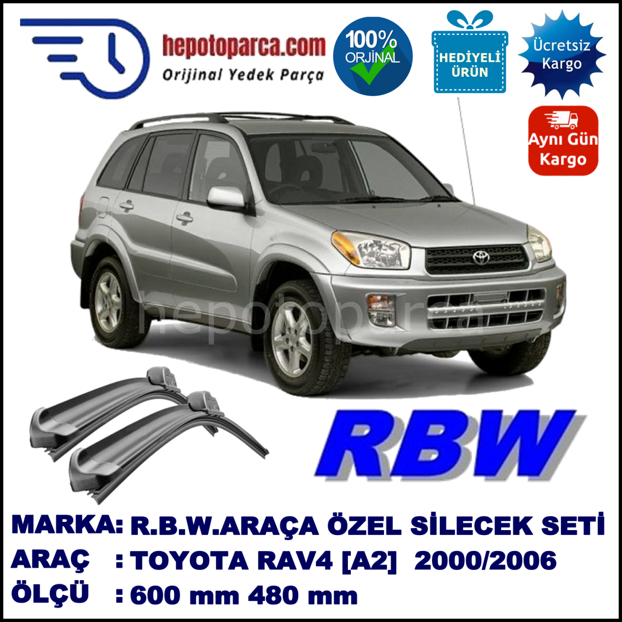 TOYOTA RAV4 [A2] 05.00-01.06 600 / 480 mm. RBW Muz Silecek Seti  2'li Takım. U Kanca Uyumludur.