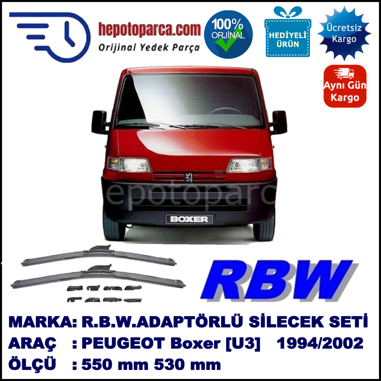PEUGEOT Boxer [U3] 02.1994-02.2002, 550 / 530 mm.  RBW  ADAPTÖRLÜ MUZ SİLECEK SETİ