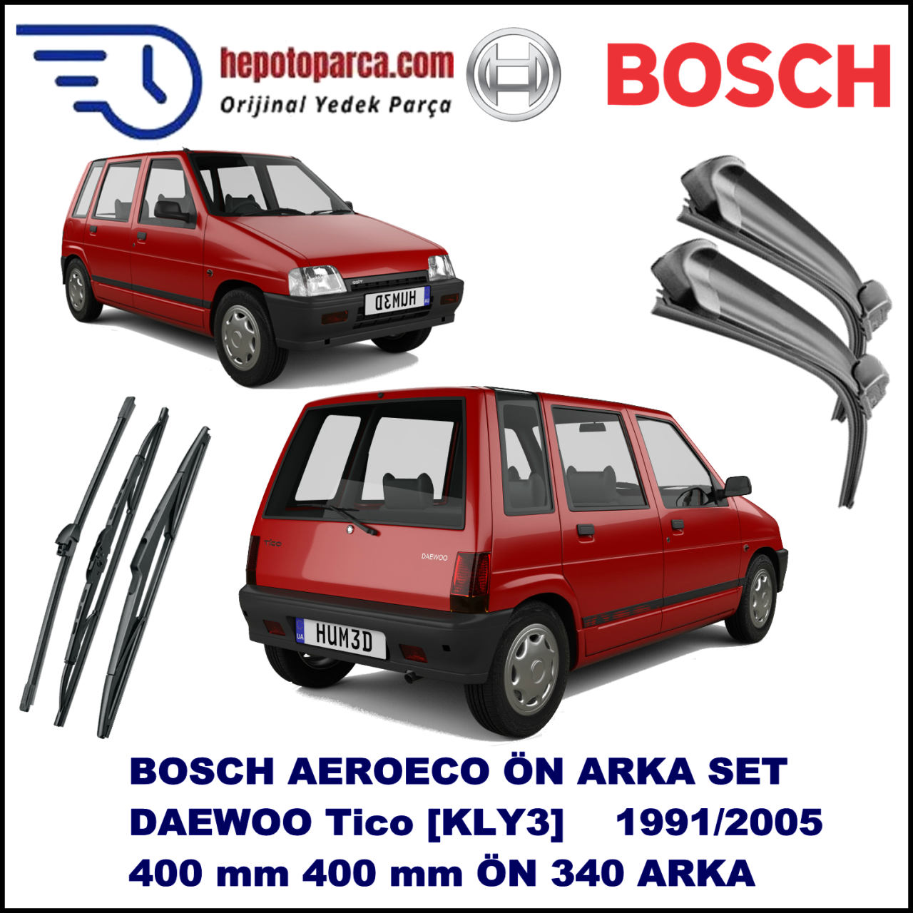 DAEWOO Tico [KLY3] 06,1991-01,2005 Bosch Aeroeco Ön ve Arka Silecek Takımı