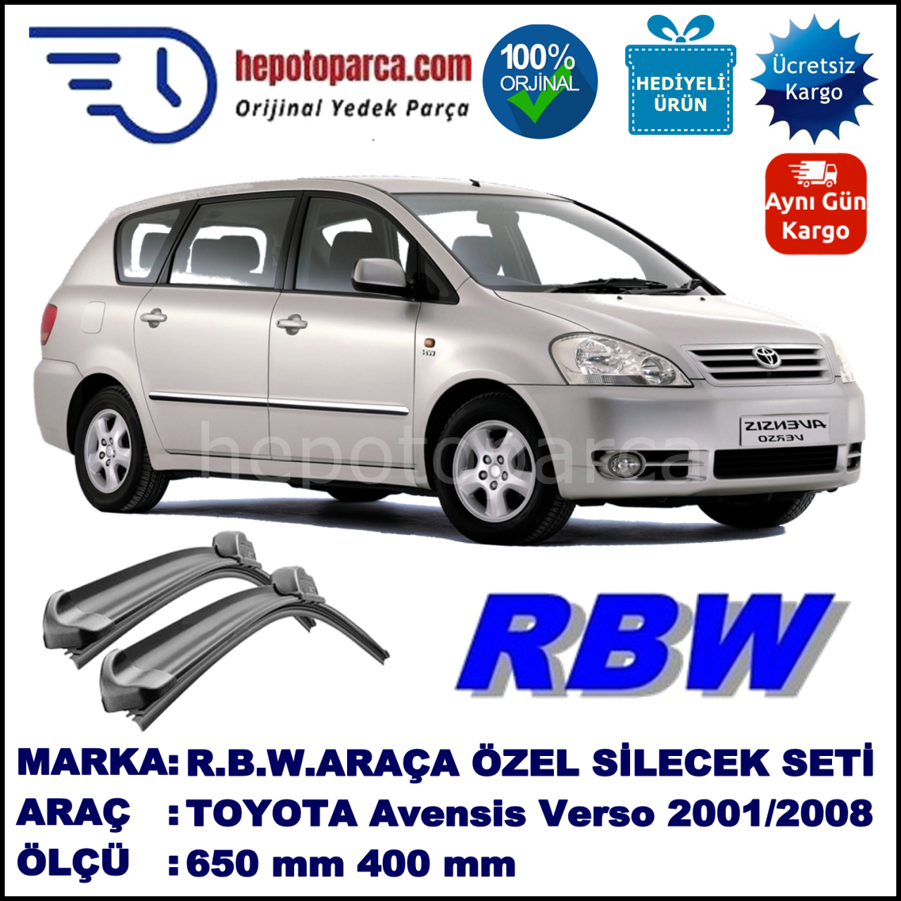 TOYOTA Avensis Verso [M2] 05.01-... 650 / 400 mm. RBW Muz Silecek Seti  2'li Takım. U Kanca Uyumludur.