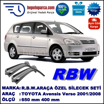 TOYOTA Avensis Verso [M2] 05.01-... 650 / 400 mm. RBW Muz Silecek Seti  2'li Takım. U Kanca Uyumludur.