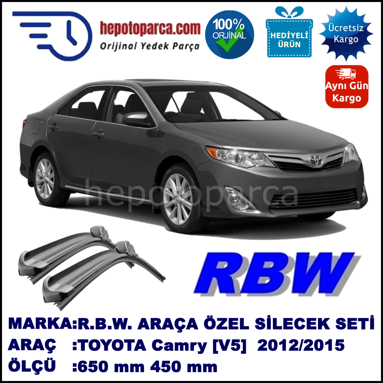 TOYOTA Camry [V5] 08.11-... 650 / 450 mm. RBW Muz Silecek Seti  2'li Takım. U Kanca Uyumludur.