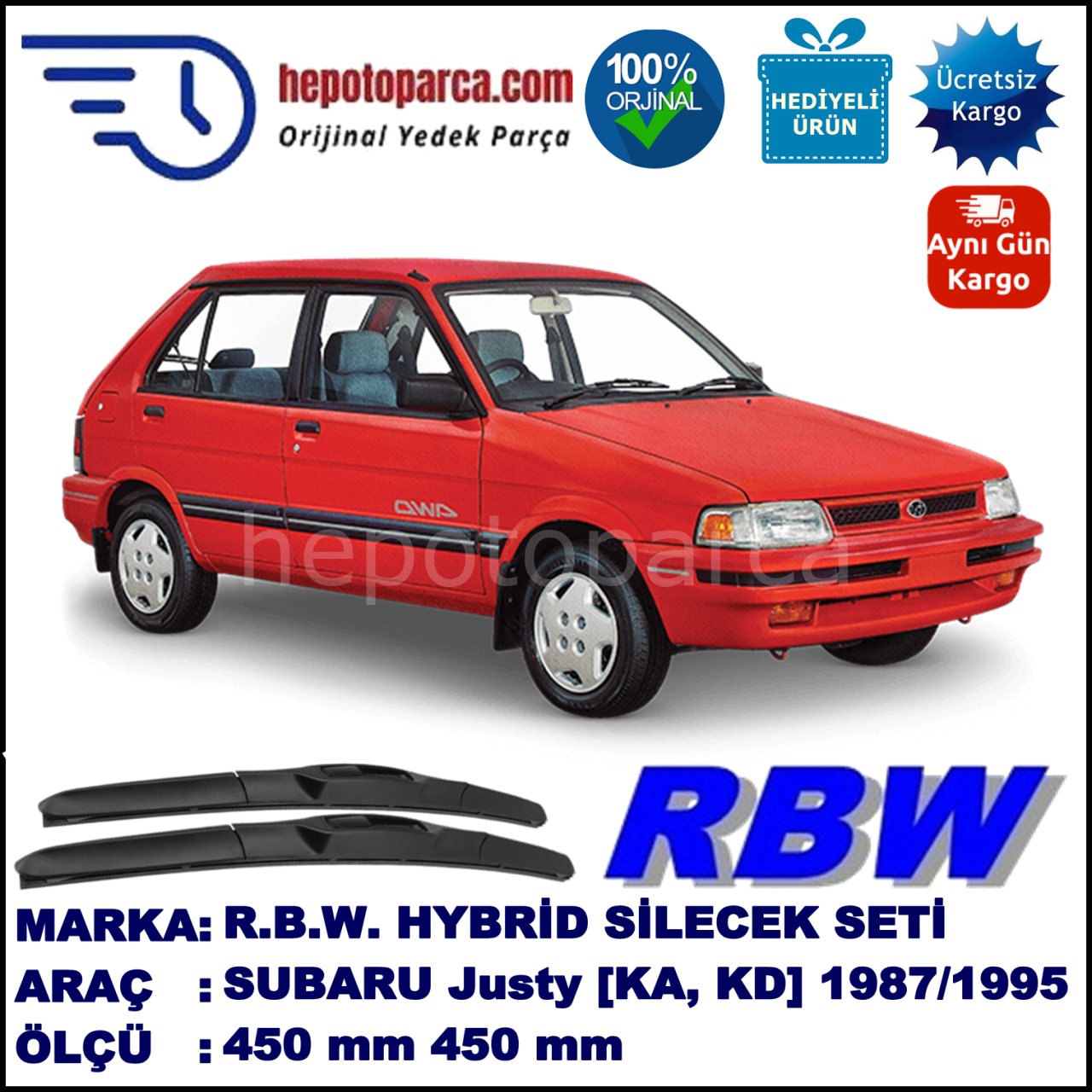 SUBARU Justy [KA, KD] 05.87-10.95 450 / 450 mm. RBW Hybrid Silecek Seti. U Kanca Uyumlu Hibrit