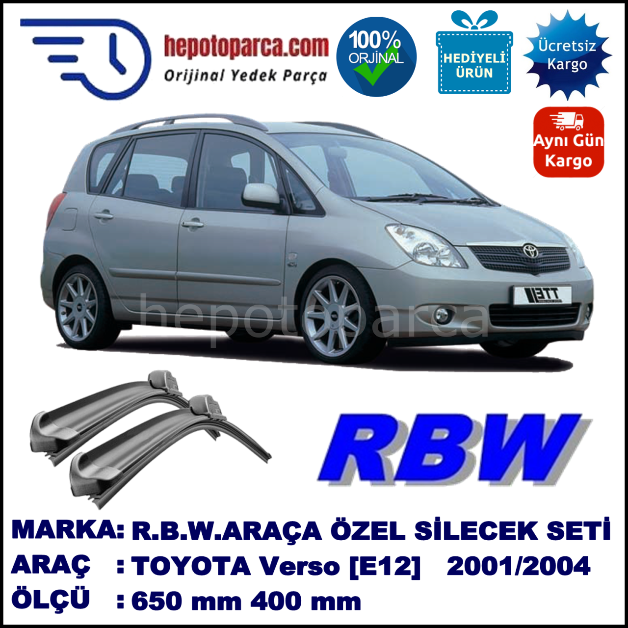 TOYOTA Corolla Verso [E12] 09.01-01.04 650 / 400 mm. RBW Muz Silecek Seti  2'li Takım. U Kanca Uyumludur.