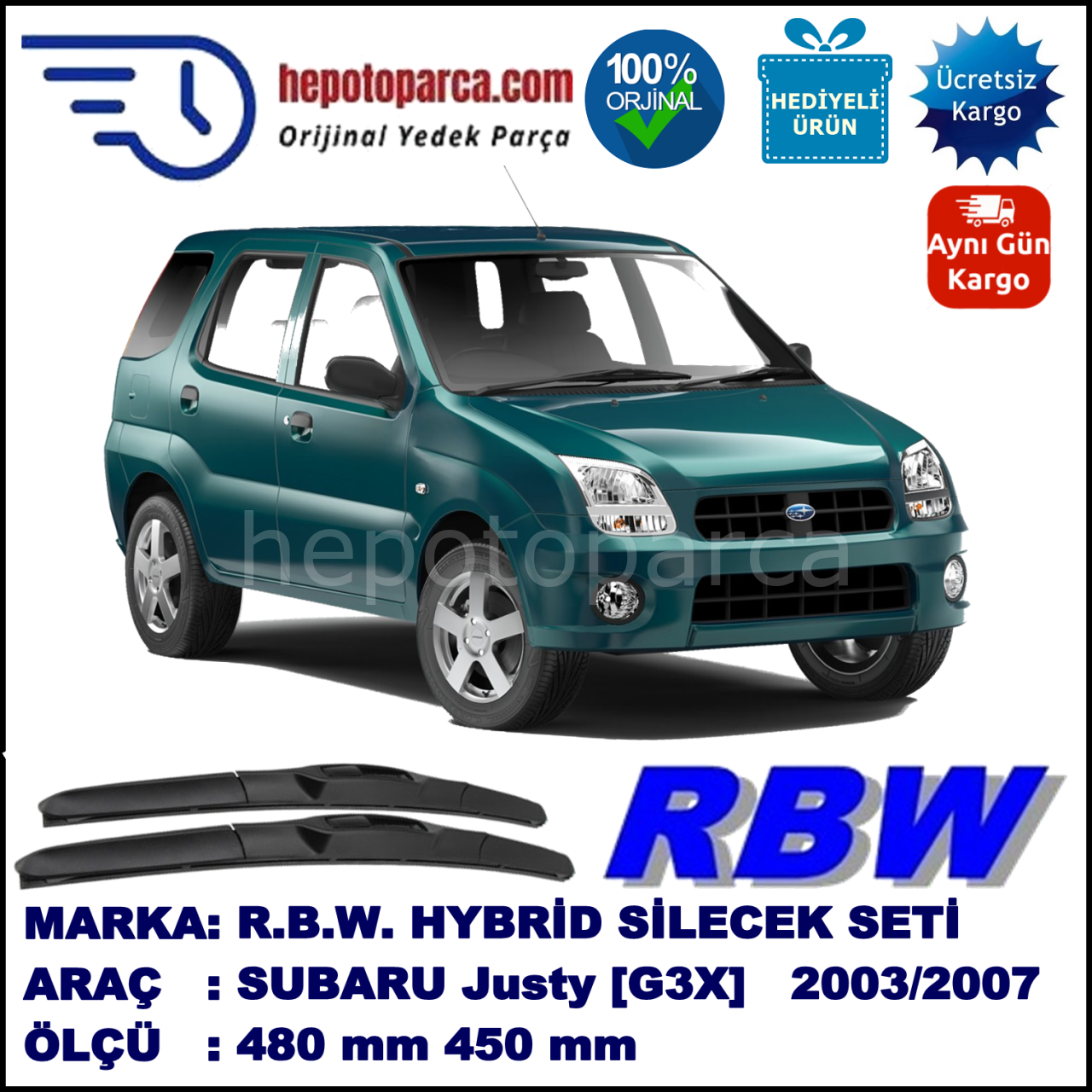 SUBARU Justy [G3X] 09.03-08.07 480 / 450 mm. RBW Hybrid Silecek Seti. U Kanca Uyumlu Hibrit