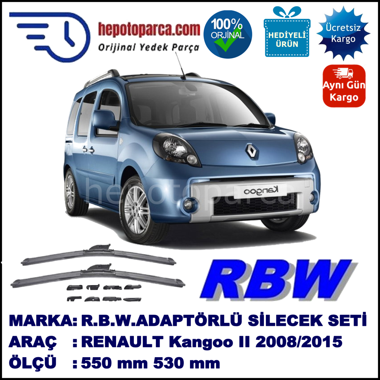 RENAULT Kangoo II [FW./KW.] 01.2008-..., 550 / 530 mm.  RBW  ADAPTÖRLÜ MUZ SİLECEK SETİ