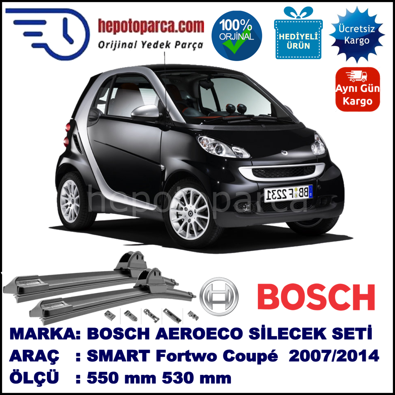 SMART (MCC) Fortwo Coupé [451] 04.2007-..., 550 / 530 mm. BOSCH AEROECO Aparatlı Muz Silecek