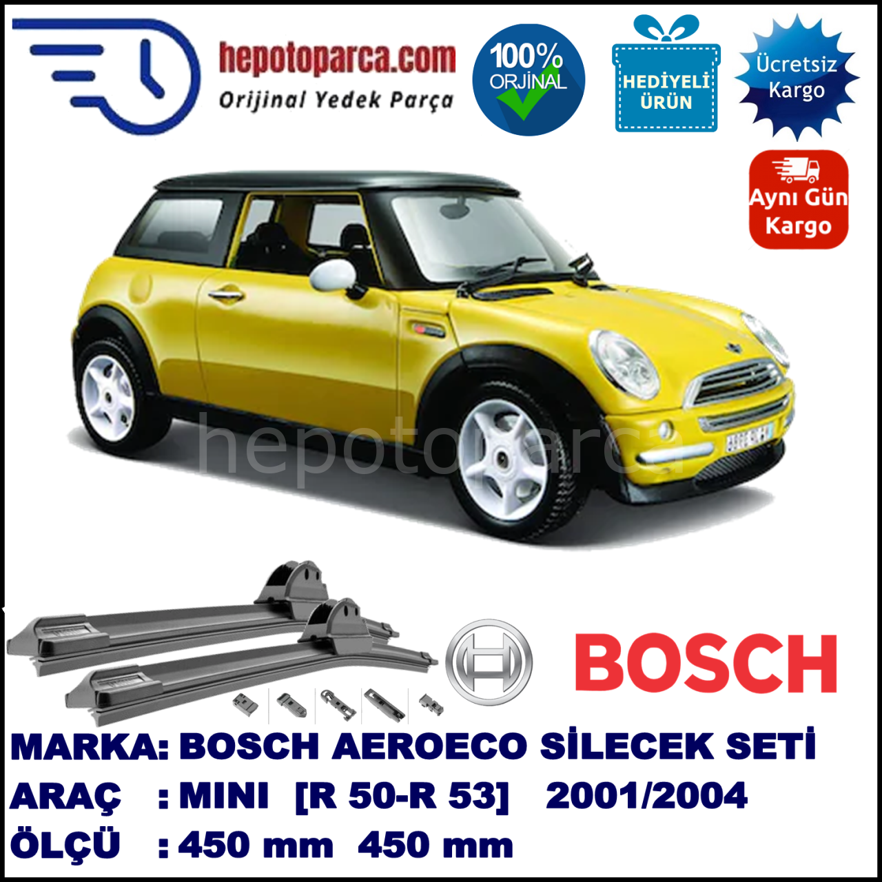 MINI (BMW) Mini [R 50, R 53] 06.2001-07.2004, 450 / 450 mm. BOSCH AEROECO Aparatlı Muz Silecek