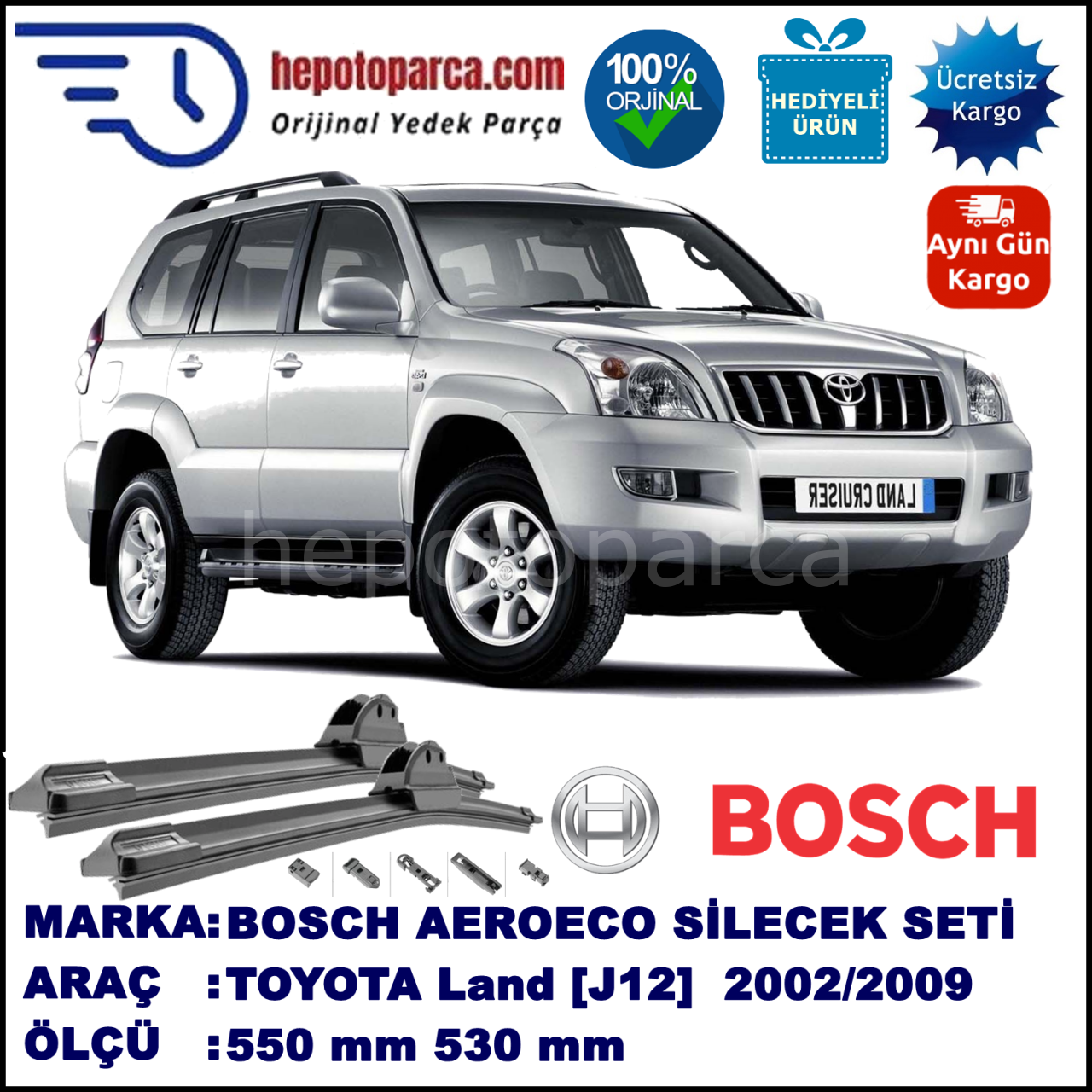 TOYOTA Land Cruiser [J12] 09.2002-08.2009, 550 / 530 mm. BOSCH AEROECO Aparatlı Muz Silecek
