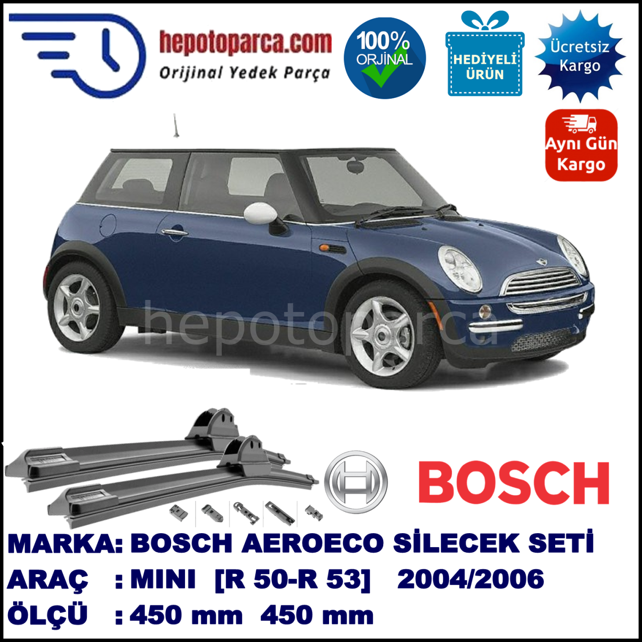 MINI (BMW) Mini [R 50, R 53] 08.2004-11.2006, 450 / 450 mm. BOSCH AEROECO Aparatlı Muz Silecek