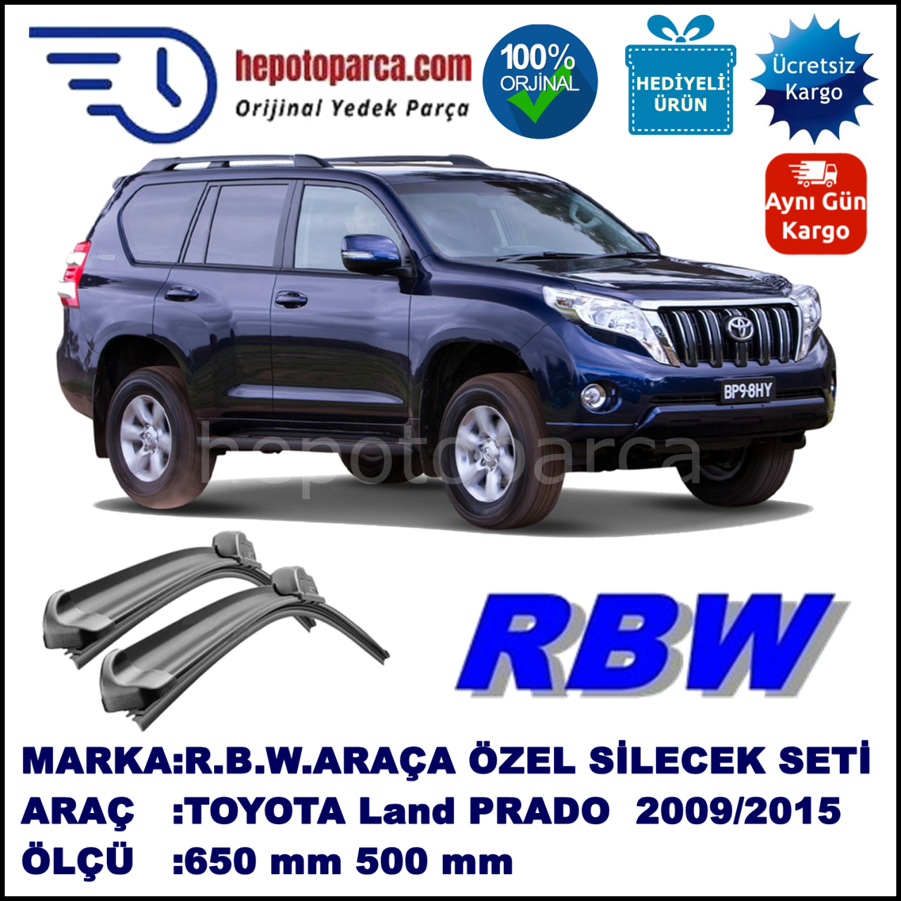 TOYOTA Land Cruiser Prado [J15] 09.09-... 650 / 500 mm. RBW Muz Silecek Seti  2'li Takım. U Kanca Uyumludur.