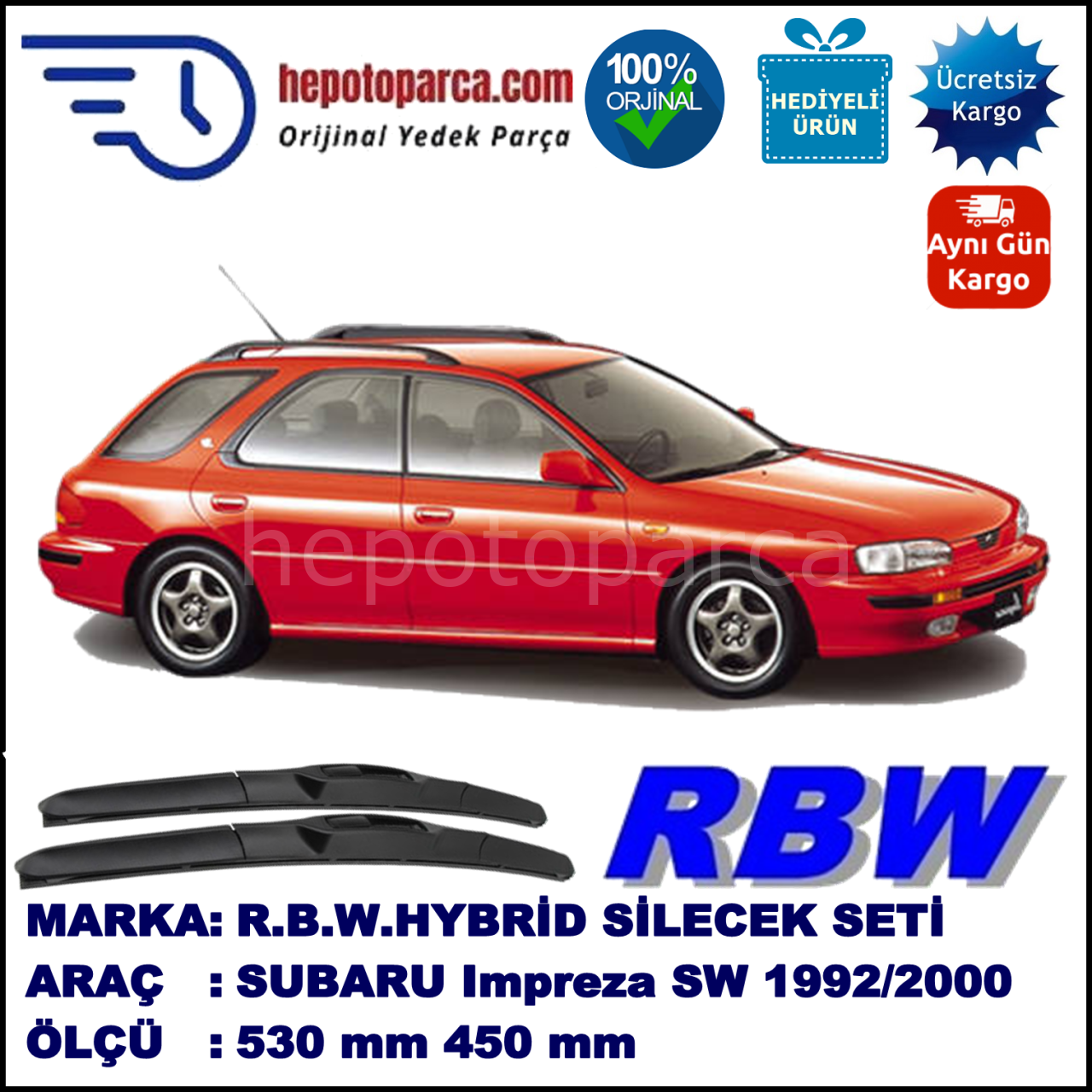 SUBARU Impreza Sports Wagon  11.92-07.00 530 / 450 mm. RBW Hybrid Silecek Seti. U Kanca Uyumlu Hibrit