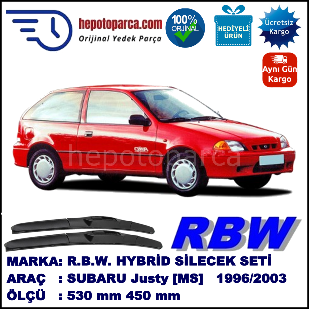 SUBARU Justy [MS] 10.96-08.03 530 / 450 mm. RBW Hybrid Silecek Seti. U Kanca Uyumlu Hibrit