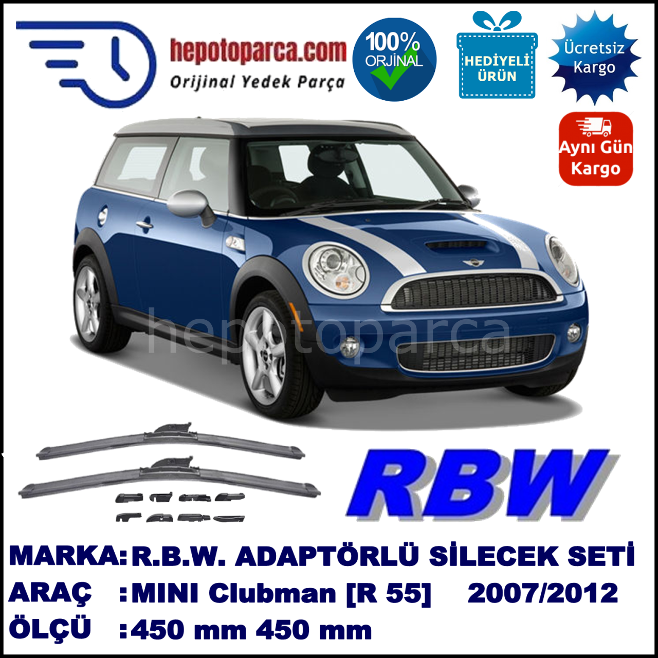 MINI (BMW) Mini Clubman [R 55] 11.2007-04.12, 450 / 450 mm.  RBW  ADAPTÖRLÜ MUZ SİLECEK SETİ