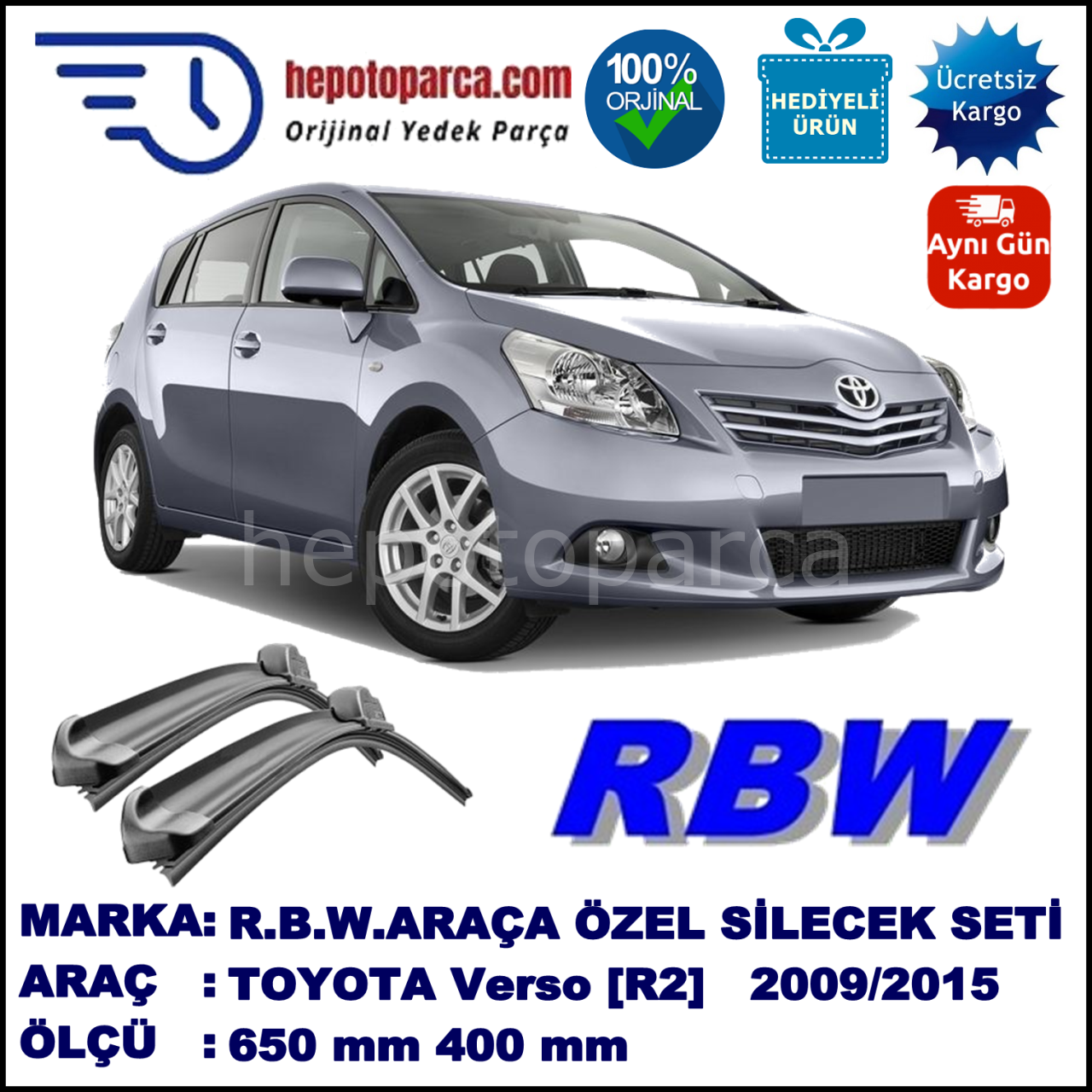 TOYOTA Verso  [R2] 02.09-... 650 / 400 mm. RBW Muz Silecek Seti  2'li Takım. U Kanca Uyumludur.