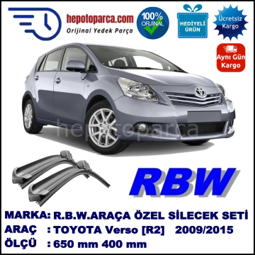 TOYOTA Verso  [R2] 02.09-... 650 / 400 mm. RBW Muz Silecek Seti  2'li Takım. U Kanca Uyumludur.