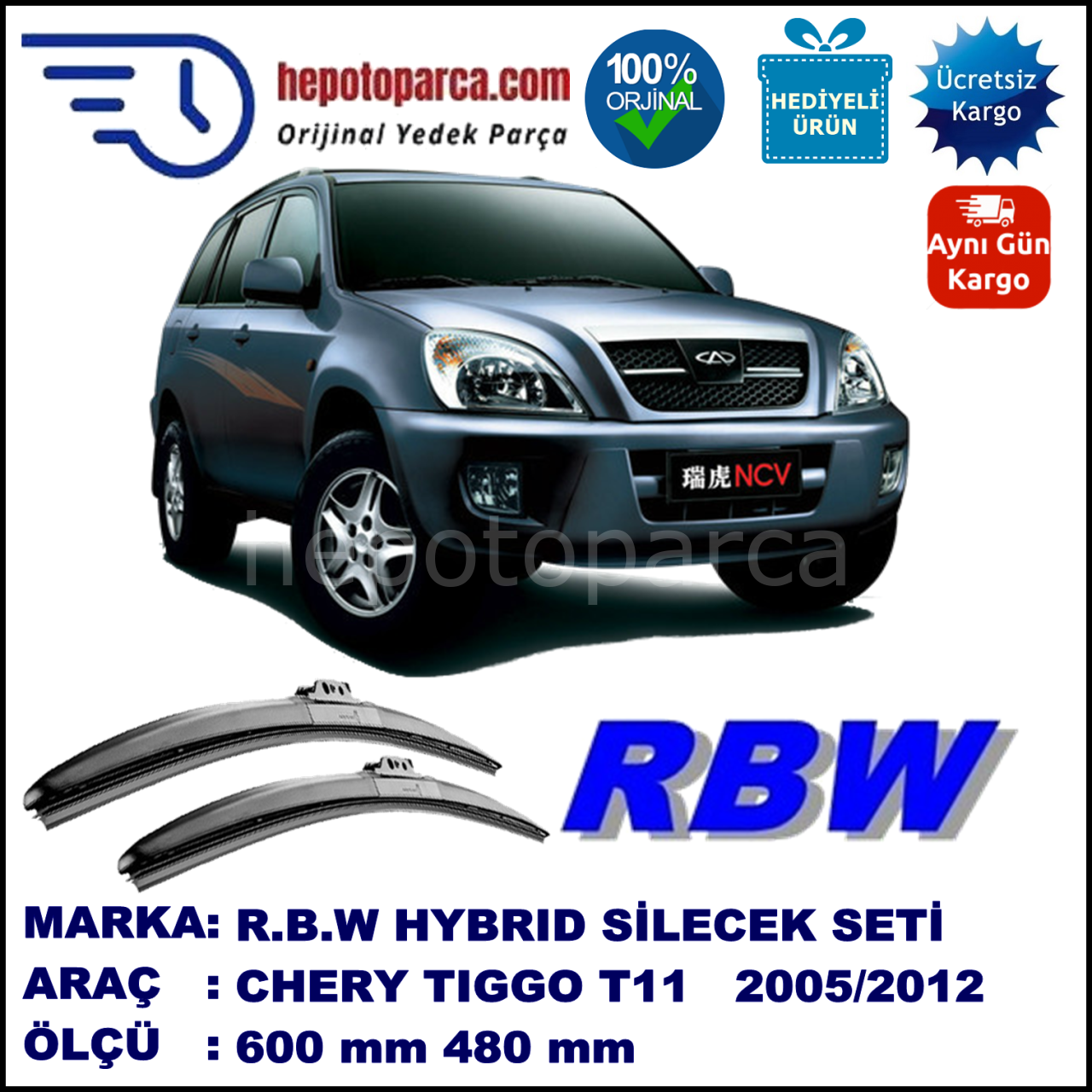CHERY Tiggo [T 11] 04.05-... 600 / 480 mm. RBW Hybrid Silecek Seti. U Kanca Uyumlu Hibrit
