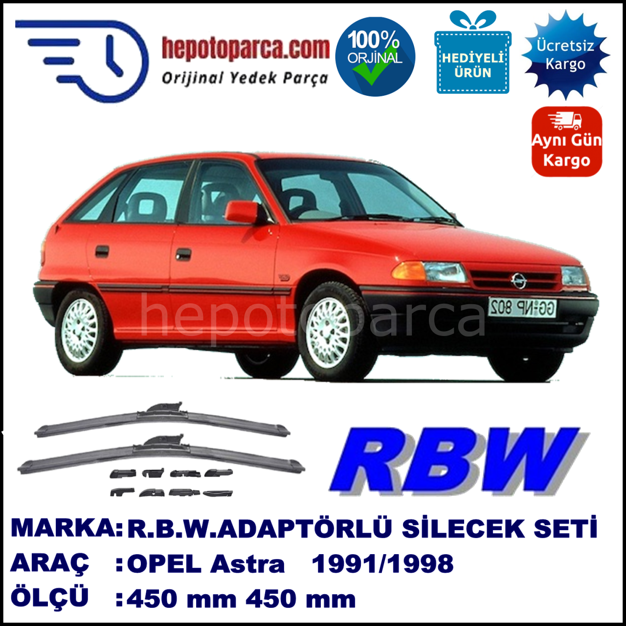 OPEL Astra [F] 09.1991-02.1998, 450 / 450 mm.  RBW  ADAPTÖRLÜ MUZ SİLECEK SETİ