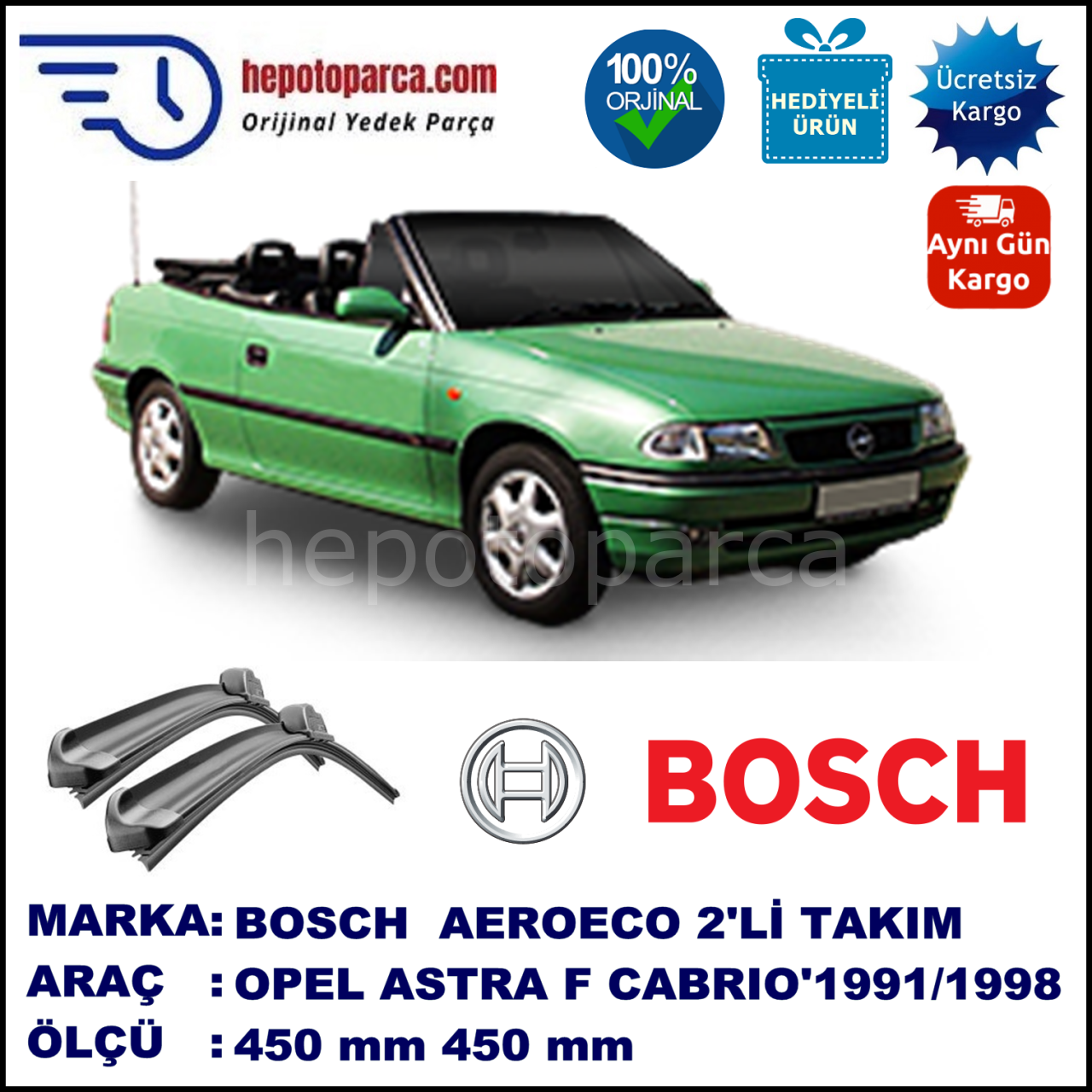 OPEL Astra Cabrio [F] 09.1991-08.1998, 450 / 450 mm. BOSCH AEROECO Aparatlı Muz Silecek