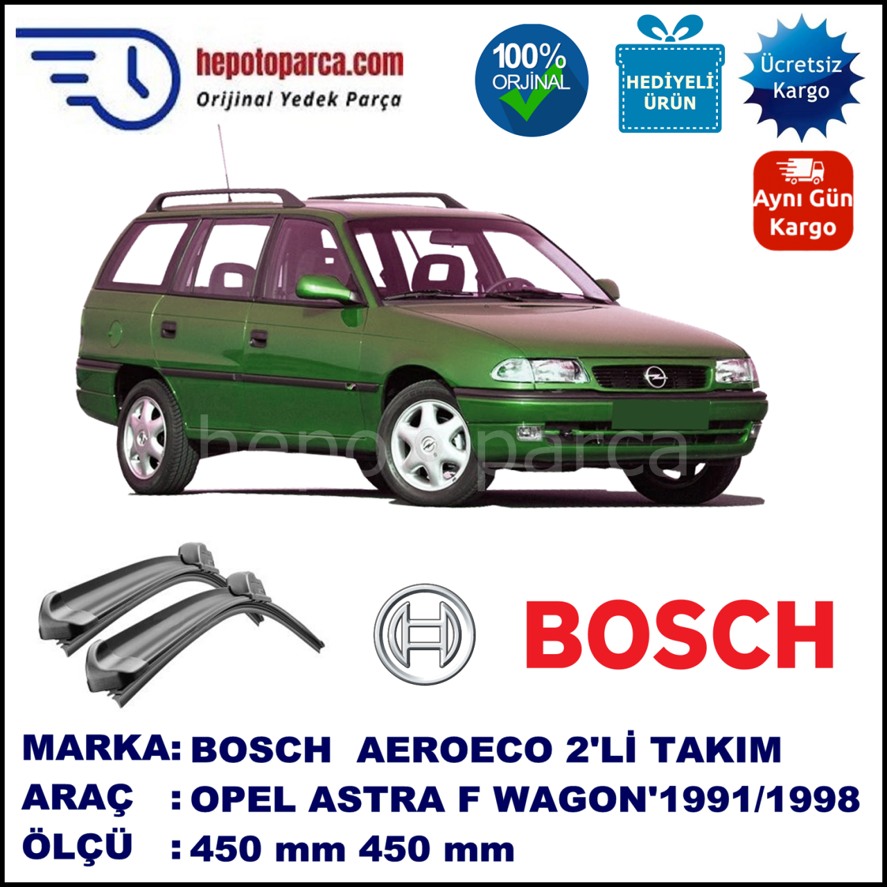OPEL Astra Caravan [F] 09.1991-08.1998, 450 / 450 mm. BOSCH AEROECO Aparatlı Muz Silecek