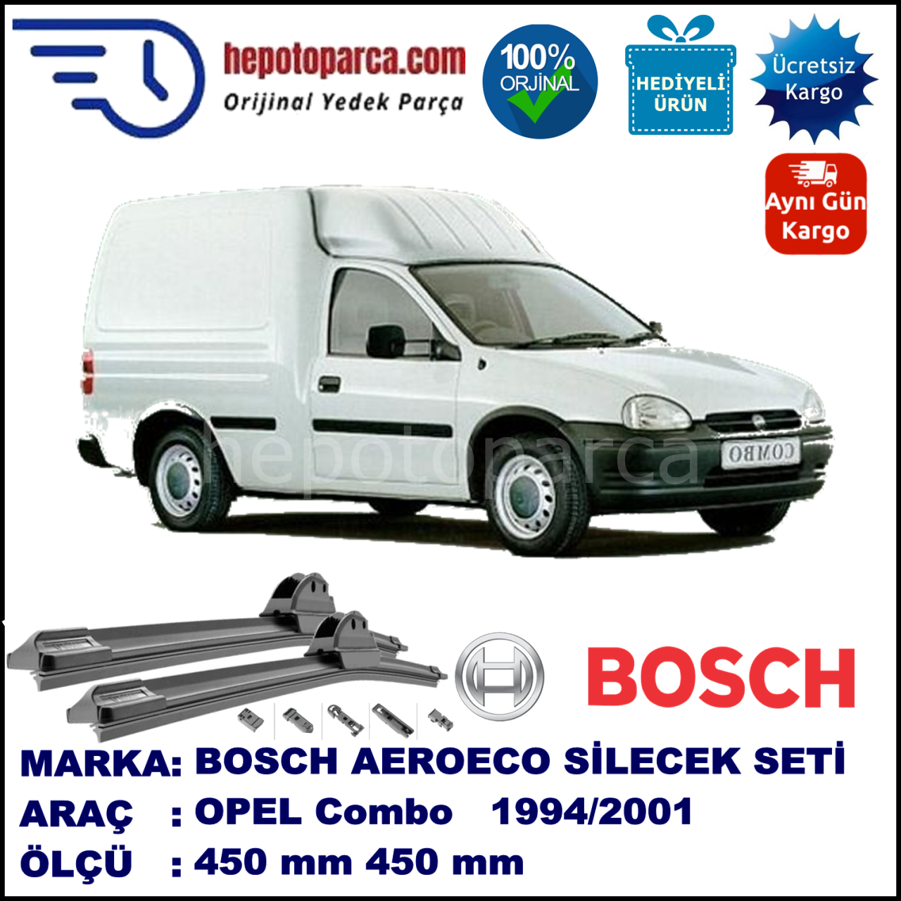 OPEL Combo  09.1994-10.2001, 450 / 450 mm. BOSCH AEROECO Aparatlı Muz Silecek