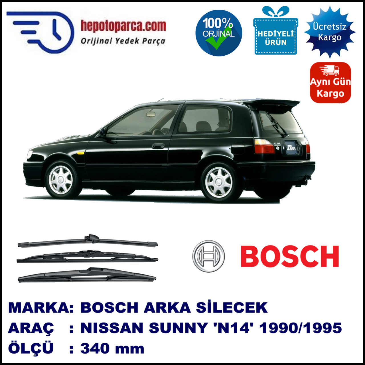 NISSAN Sunny Hatchback [N14] 340 mm 10.1990-05.1995 BOSCH Arka Silecek