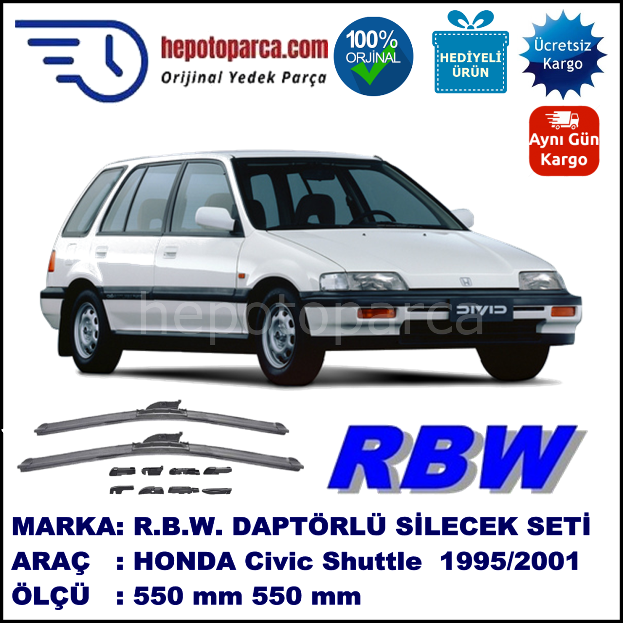 HONDA Shuttle  01.1995-05.2001, 550 / 550 mm.  RBW  ADAPTÖRLÜ MUZ SİLECEK SETİ
