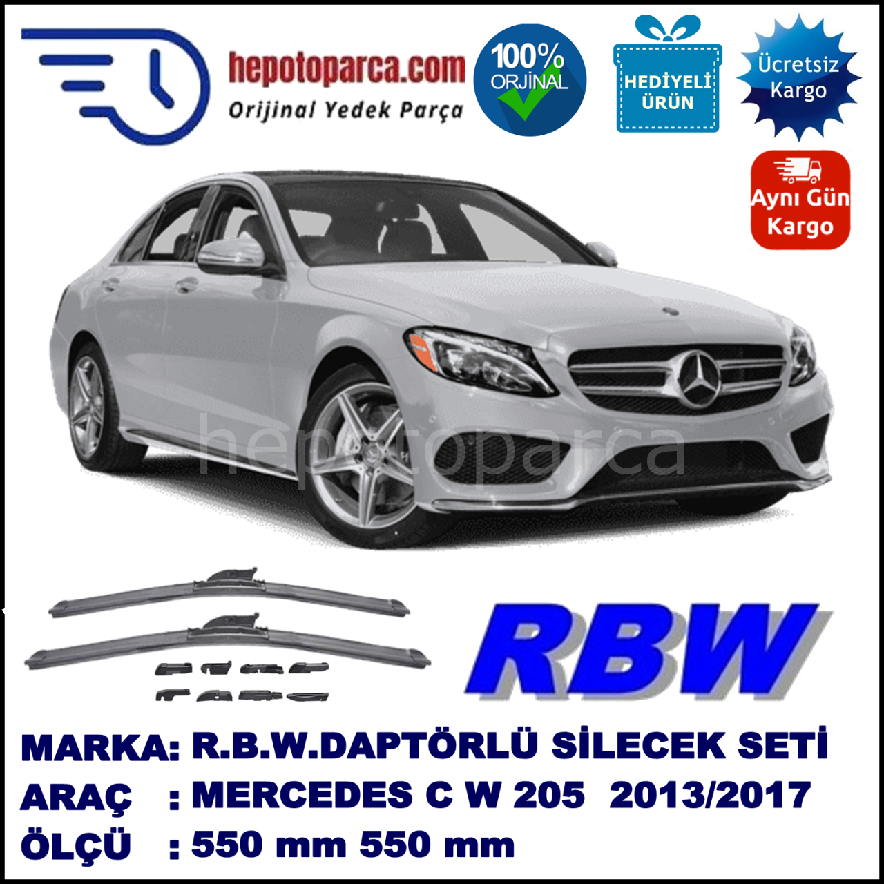 MERCEDES-BENZ Serie C [205] 10.2013-..., 550 / 550 mm.  RBW  ADAPTÖRLÜ MUZ SİLECEK SETİ