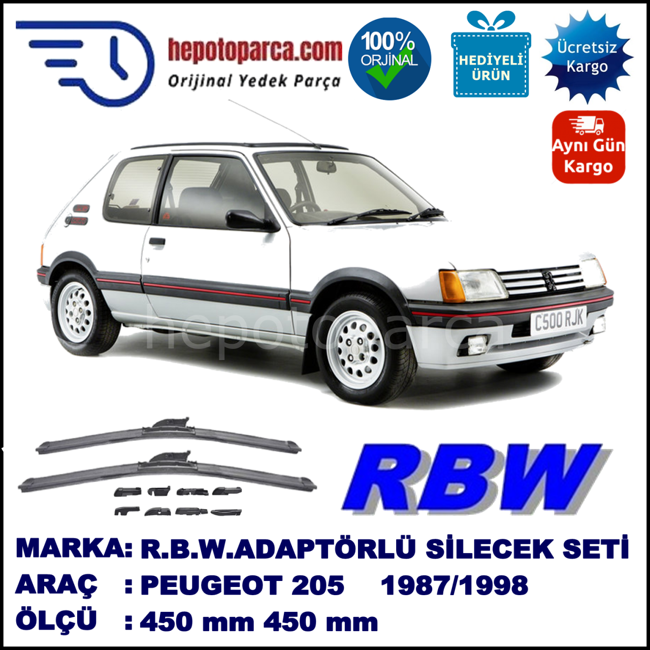 PEUGEOT 205  10.1987-09.1998, 450 / 450 mm.  RBW  ADAPTÖRLÜ MUZ SİLECEK SETİ