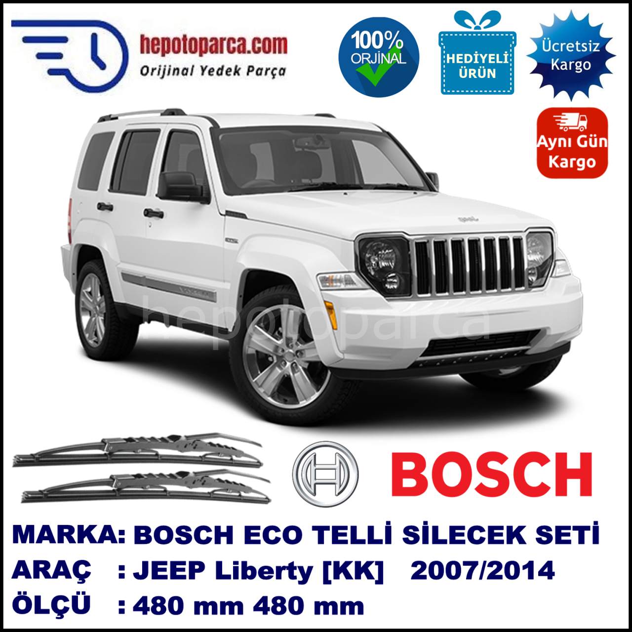 JEEP Liberty [KK] 09.07-... 480 / 480 mm. BOSCH ECO Telli Silecek 2'li Takım