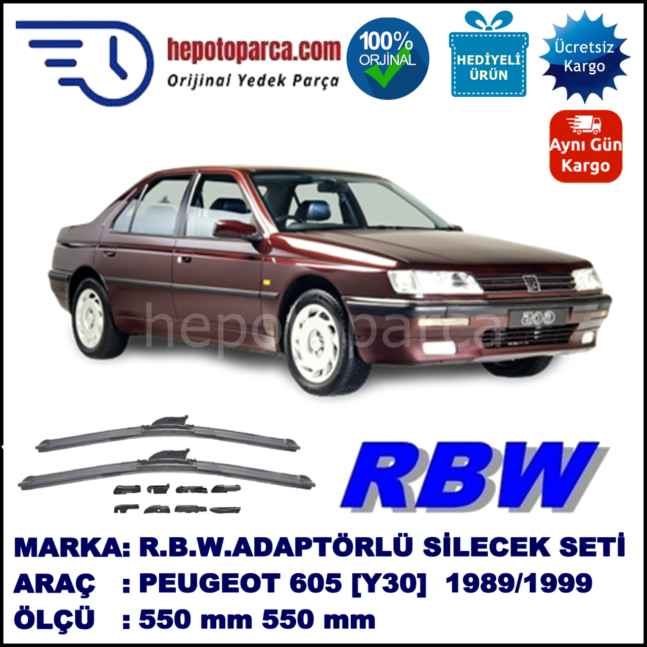 PEUGEOT 605 [Y30] 06.1989-05.1999, 550 / 550 mm.  RBW  ADAPTÖRLÜ MUZ SİLECEK SETİ