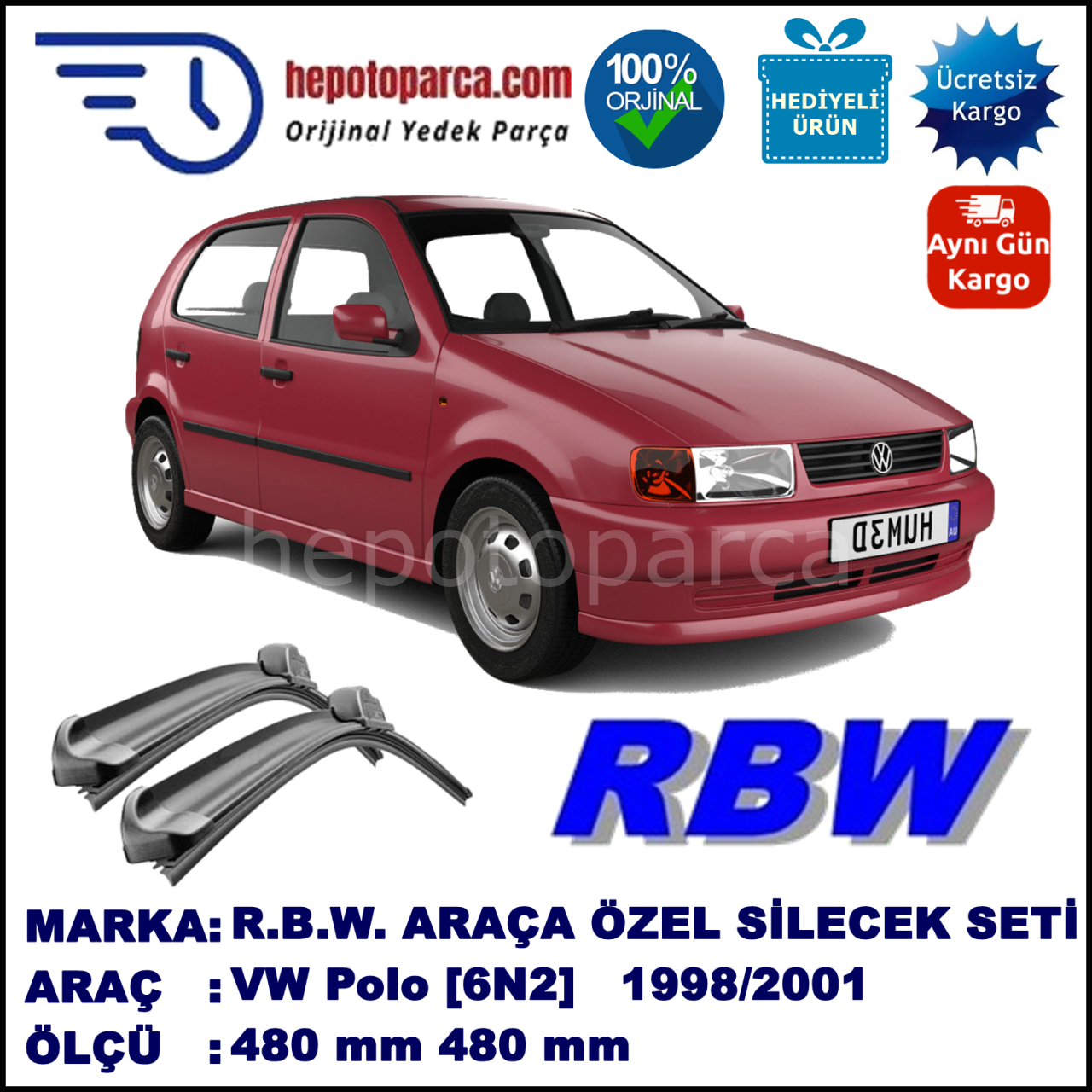 VW Polo [6N2] 07.98-09.01 480 / 480 mm. RBW Muz Silecek Seti  2'li Takım. U Kanca Uyumludur.
