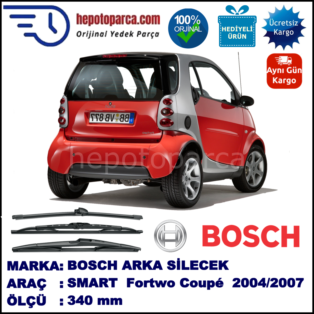 SMART (MCC) Fortwo Coupé [450] 340 mm 02.2004-03.2007 BOSCH Arka Silecek