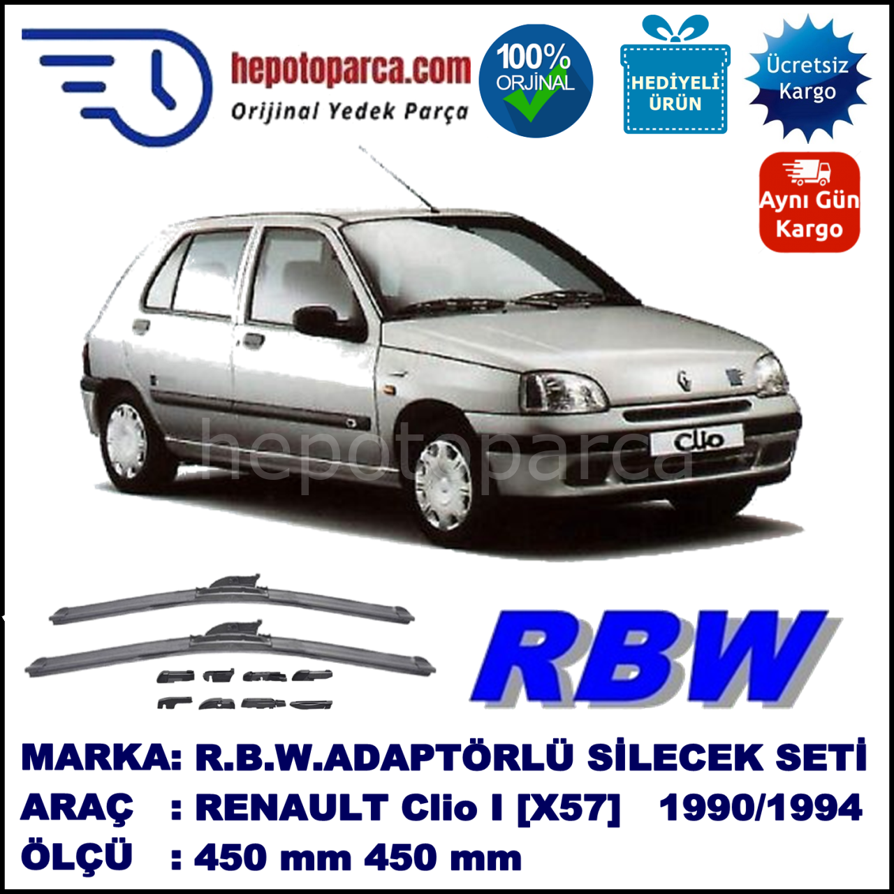RENAULT Clio I [X57] 06.1990-02.1994, 450 / 450 mm.  RBW  ADAPTÖRLÜ MUZ SİLECEK SETİ