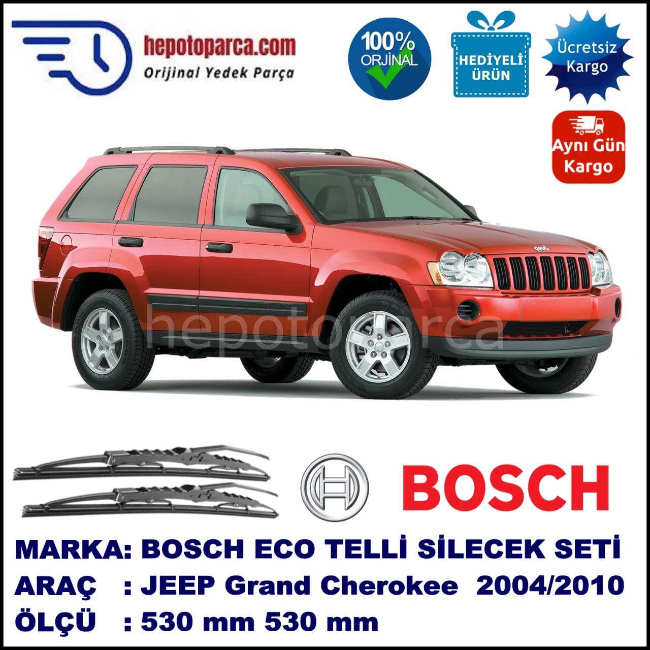 JEEP Grand Cherokee [WK] 08.04-... 530 / 530 mm. BOSCH ECO Telli Silecek 2'li Takım