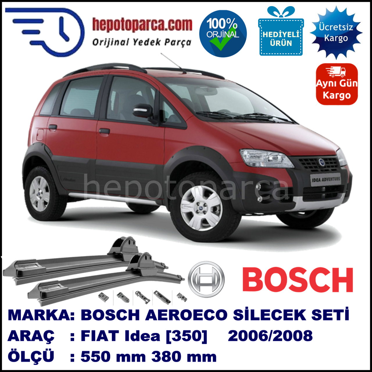 FIAT Idea [350] 01.2006-03.2008, 550 / 380 mm. BOSCH AEROECO Aparatlı Muz Silecek