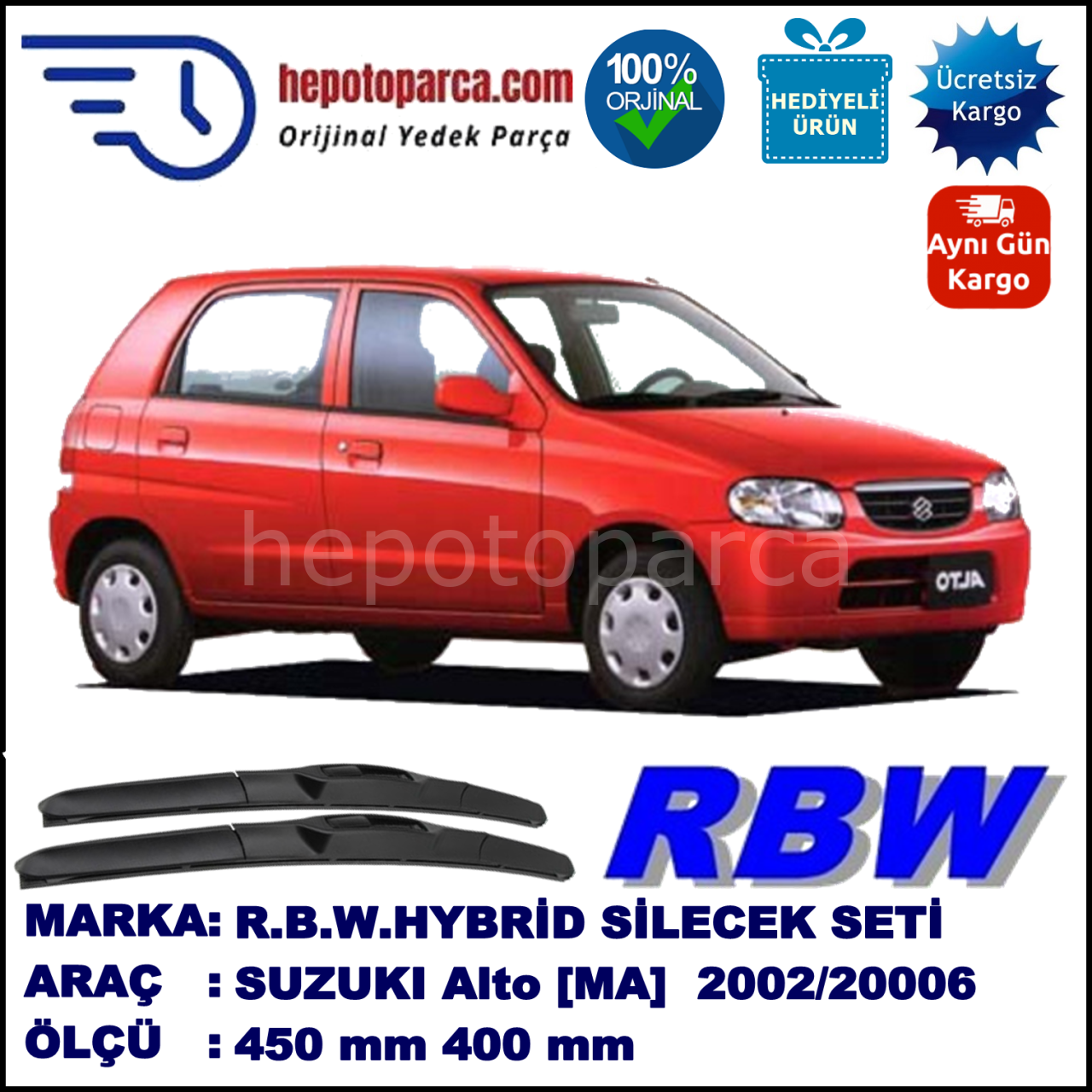 SUZUKI Alto [MA] 02.02-12.06 450 / 400 mm. RBW Hybrid Silecek Seti. U Kanca Uyumlu Hibrit