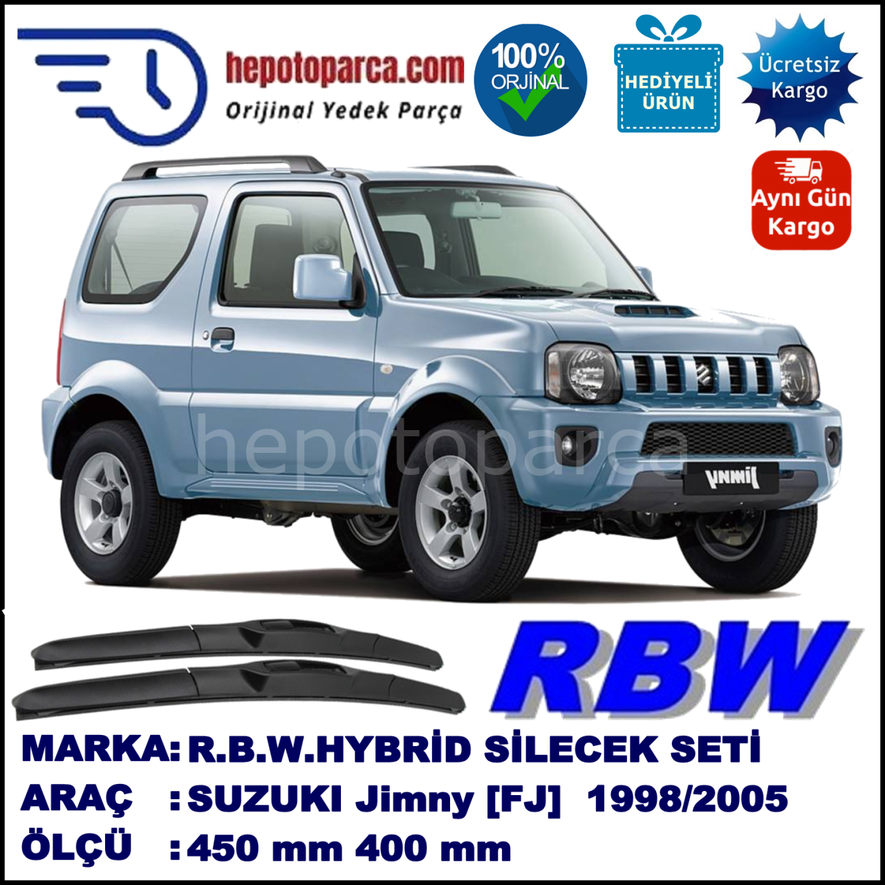 SUZUKI Jimny [FJ] 10.98-... 450 / 400 mm. RBW Hybrid Silecek Seti. U Kanca Uyumlu Hibrit