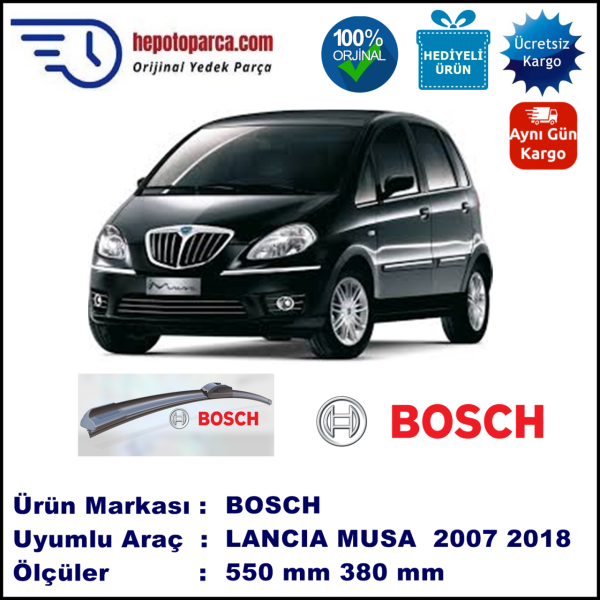 LANCIA Musa [184] 10.2007-..., 550 / 380 mm. BOSCH AEROECO Aparatlı Muz Silecek