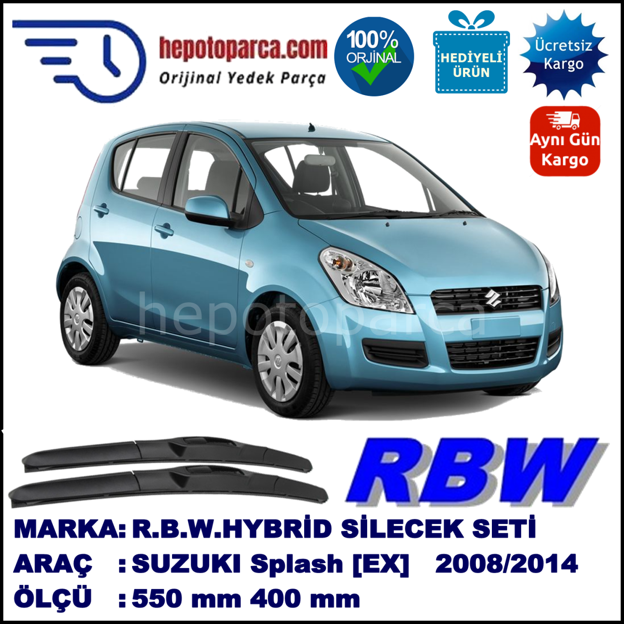 SUZUKI Splash [EX] 01.08-... 550 / 400 mm. RBW Hybrid Silecek Seti. U Kanca Uyumlu Hibrit