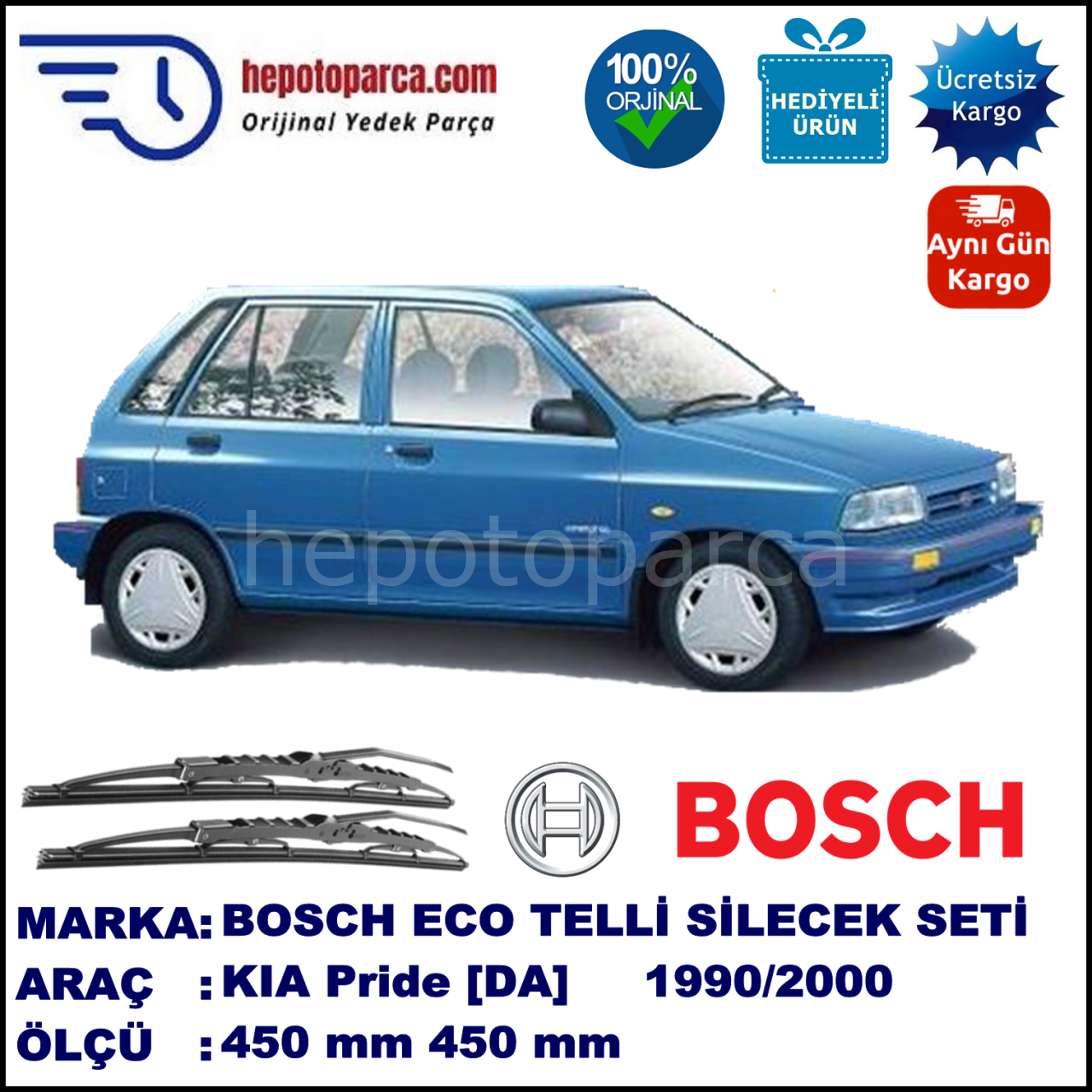 KIA Pride [DA] 05.90-02.00 450 / 450 mm. BOSCH ECO Telli Silecek 2'li Takım
