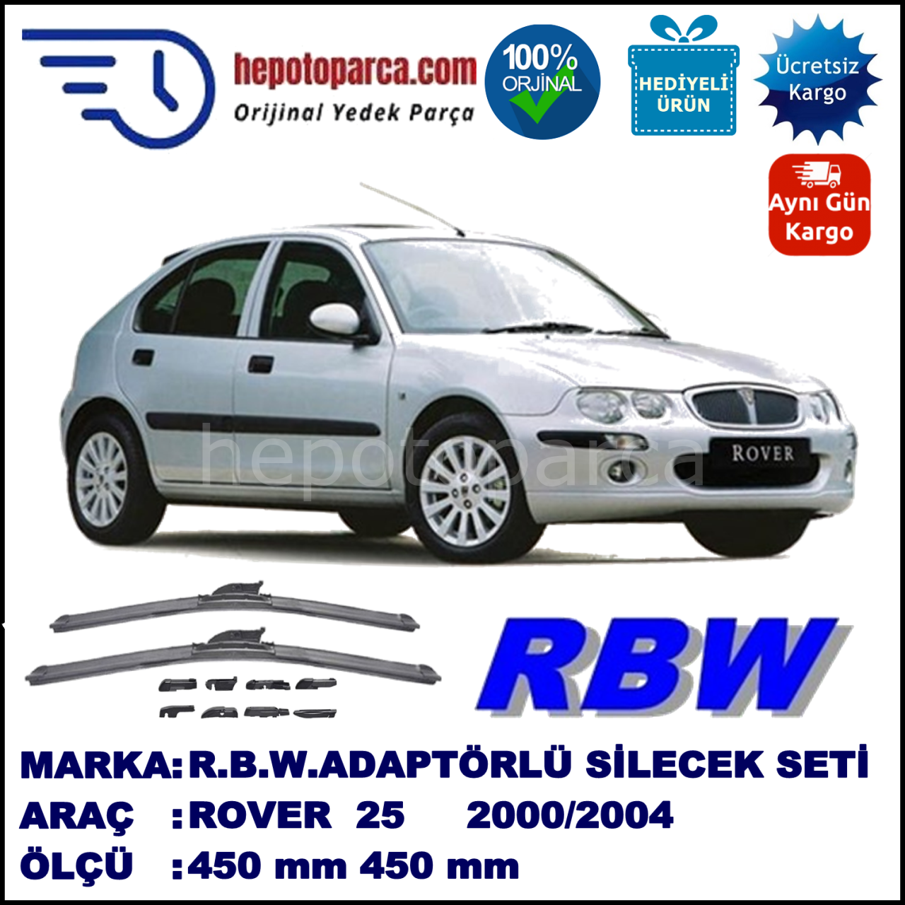 ROVER 25  02.2000-09.2004, 450 / 450 mm.  RBW  ADAPTÖRLÜ MUZ SİLECEK SETİ