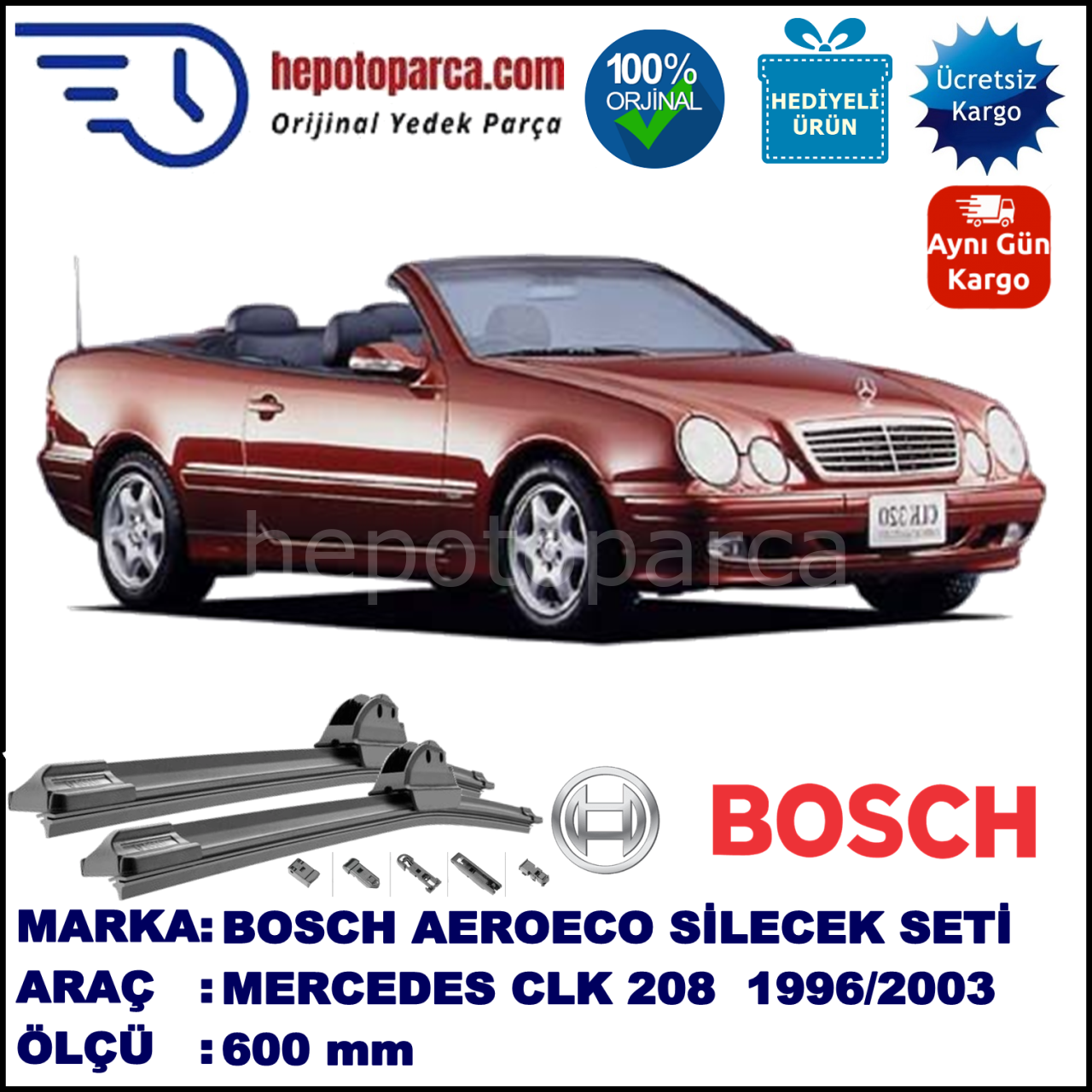 MERCEDES-BENZ Serie CLK (Cabrio) [208] 09.1996-01.2003, 600 / - mm. BOSCH AEROECO Aparatlı Muz Silecek